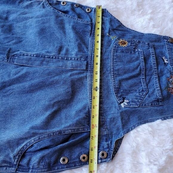 AGAPO Floral Embroidered 90s Cropped Vintage Denim Overalls Sz L Garden Blue - Picture 5 of 9